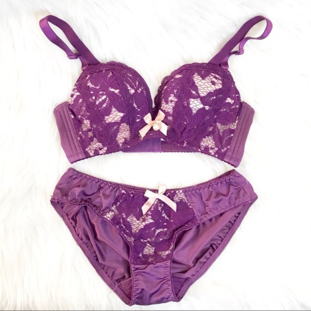 Sexy Romantic push-up purple lace pearl bow set